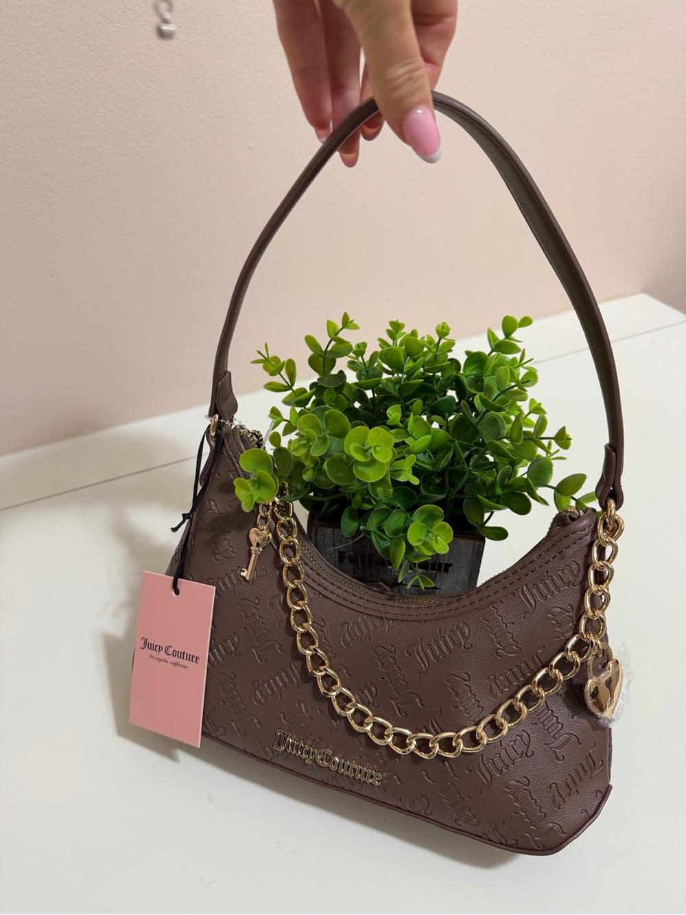 Juicy Couture Chocolate Brown Embossed Shoulder Bag with Gold Chain